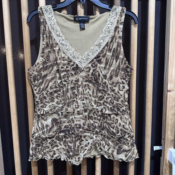INC International Concepts Top Petite L Gold Brown Leopard Lace V Neck Y2K Lace - Picture 1 of 7